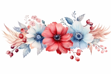 watercolor floral banner clipart, high resolution, in pastel red and blue theme, patriotic, isolated on a white background with margin