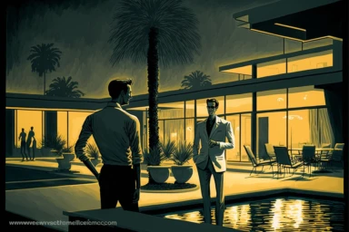 letraset clipart of handsome 40 year old men talking near a vintage, muscular man in palm springs at night, 1960's, happy, curiousity, date palms, mid century modern building, dramatic lighting, wide angle, pool
