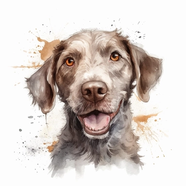 cute Slovakian Rough-haired Pointer dog portrait, full face, centered shot, side shot, dynamically posed, in action, playful mood, happy mood, playing mood, cute face, adorable smile, childlike eyes, clean watercolor illustration, white background, nursery baby imagery, painting, detailed, 8k, PNG, clipart,