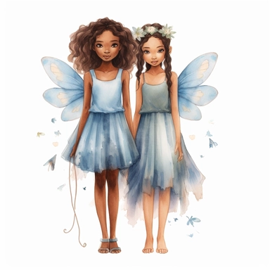 twin cute brown skin fairy girls clipart watercolor blue dress [turnabout] front view, looking at camera cw, 8k, hd v5 line drawing full body length