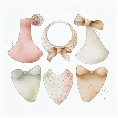 watercolor collection items clipart baby bib natural colors creme beige white dusty rose, on flat white background,