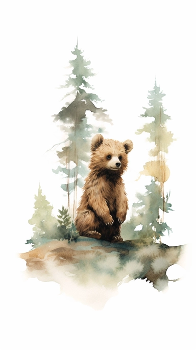 little baby, brown bear,neutral nursery art,cute bear, Baby attire,intricate,disney, baby light green,baby light blue, baby light ocher,hairy, cotton, beautiful trees,enchanted Forest,realism, watercolor painting, enchanted Forest, solid background, white background, vintage outfit, oil painting, photobashing, tattoo design,clipart--v 5,1