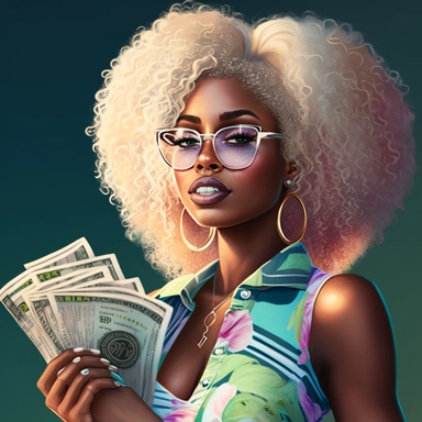 Full body Hyperrealistic beautiful Barbie women, curly blonde hair, African American, brown skin, oversized sunglasses, holding oversized exaggerated dollar bills in the bright sunset. Clipart style