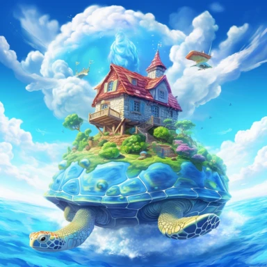 /v5_upscale, bright day, Jin the Turtle, island in the blue sea house with pam clipart, high detail, spaced outultra scale, detailed, super bright, charming, stunning, super detailed, wonder, amazing, mercury clouds illumination, light background, vitamins, with holographic,