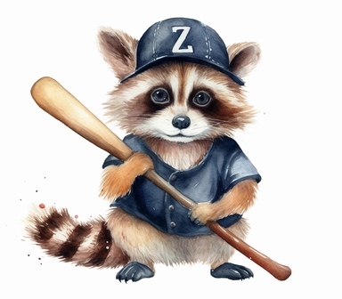 create watercolor clipart of letter Z , cute animal in baseball costumes with baseball, incredibly high detail, 16k, gorgeous, white background