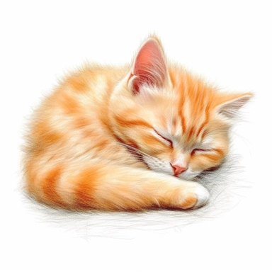 A fuzzy orange kitten, sleeping, color pencil sketch on a white background for clipart