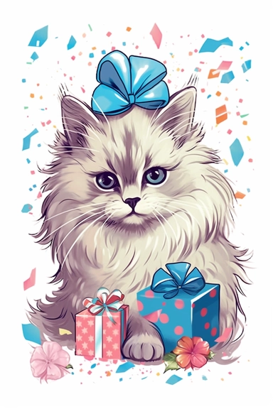 happy birthday Champaign clipart for card print, cute ragdoll kitten illustration, hallmark 1950s style png vector isolated on white background