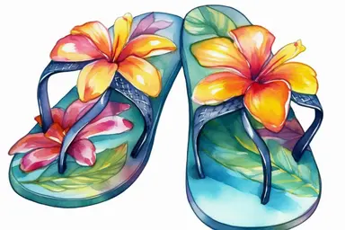 Clip art of a pair of colorful flip-flops, decorated with tropical flowers, watercolor