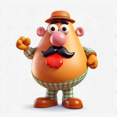 Mr Potato Head toy, bold colors, retro neon style, photorealistic, high-resolution photography, transparent background PNG clipart – ar 16:9