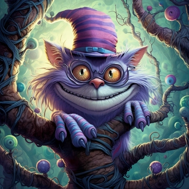 COMIC/CARTOON fantasy magical wacky cheshire cat in a huge tree,large eyeglasses, hats, muted colors, swirls, twists, twirls, metallic, glitter, stylized, funny, centered, airbrushed, digital oil, detailed illustration, clip art, cartoon, 8k, ar 9:8