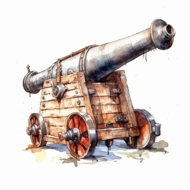 an old ship cannon, white background, watercolor, 8k, high resolution, highly detailed, hyper quality, separate element, clipart, white background