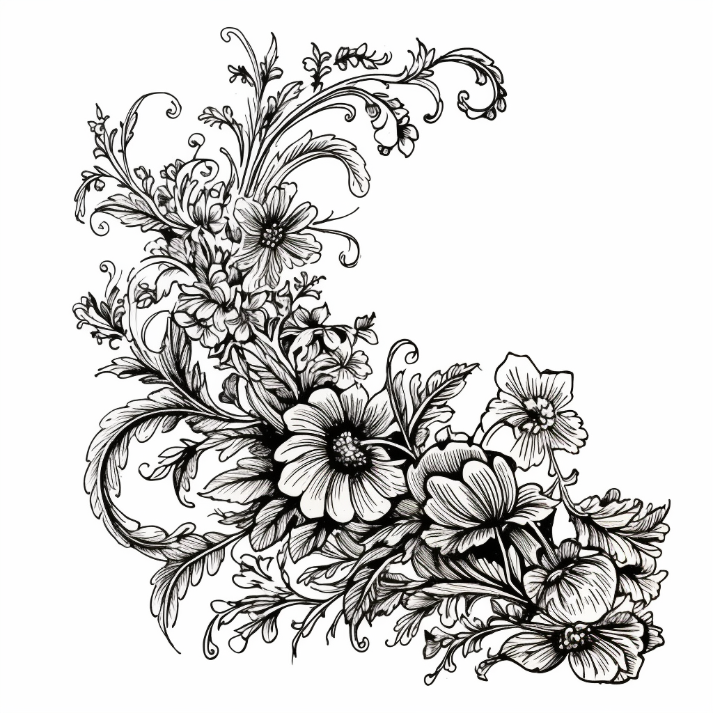 a clean detailed black line drawing of a single classical floral top ...