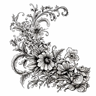 a clean detailed black line drawing of a single classical floral top right-hand corner scroll ideal for a wedding stationery, clipart