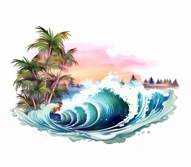 Cute Beautiful Wave Beach Tropical Watercolor Sublimation Clipart,Cartoon, hyper realistic, intricate detail, illustration style,high solution,on the white background , 32k resolution, ultra high definition