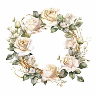 watercolor, white background, clipart, watercolor, white background, ultra-realistic and hyper-detailed clipart beautiful white roses wreath, white roses, white and rich gold hues