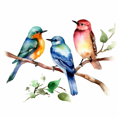 Watercolor Colorful birds perched on tree branches clipart, Minimalist, isolated white background, 8k