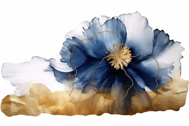 beautiful gorgeous alcohol ink of gold serene nature scene with a central focus on a navy flower. gentle wave , minimalist style, crystals, glam, glossy, glitter texture, liquid ink clipart, modern and stylish design, bright colors, 300 dpi, clear decoration, clear white background, highly detailed digital art, 8k