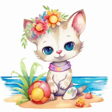 A heartwarming watercolor clipart illustration featuring a little bohemian white baby kitten on the sandy beach with a beach ball with a happy and adorable expression. The kitten is adorned with summer bohemian flowers, radiating with joy and playfulness. The white background provides a clean and versatile backdrop, making it easy to incorporate this clip art into various designs. The chibi clip art style adds a touch of cuteness and whimsy to the baby kitten, making it perfect for digital craft