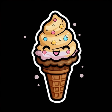 a very cute kawaii chocolate ice cream cone, sticker style, strong outline, clipart, black background