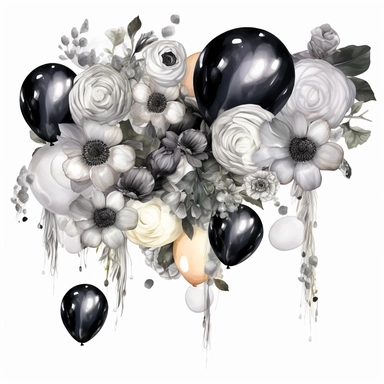 hand drawn balloon garland with shiny black white and silver balloons, white roses and white flowers with greenery, crystals, glamorous, very detailed and realistic, watercolor, clipart style, white background with margins