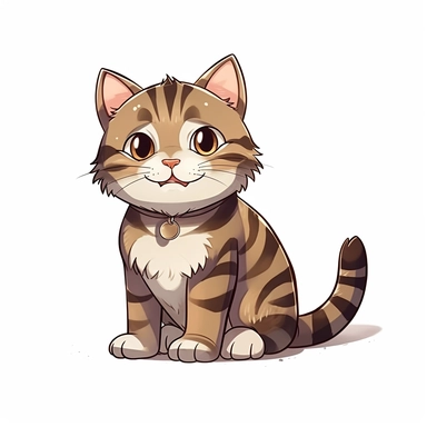 Cute cartoon happy cat, overweight dark STRIPED brown tabby cat with big ears, A LOT OF TIGER black strips, brown fur, brown chest, dark brown eyes, full body sitting, white background, clip art, vector graphic