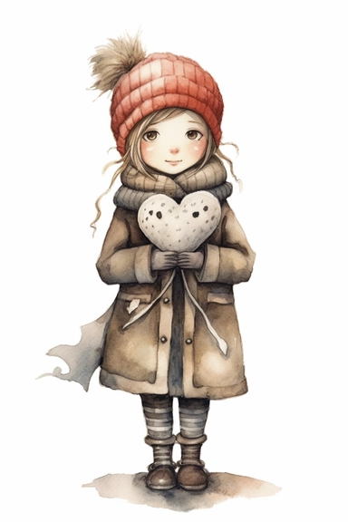 a picture of a girl in winter holding a heart, in the style of quirky character designs, silver and beige, angelcore, ink-washed, scrapbook, argus c3, character, clipart