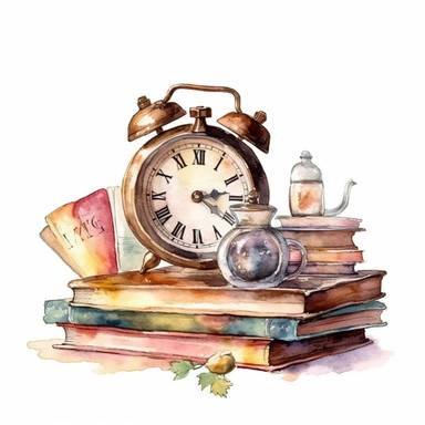 a watercolor a Vintage Alarm Clock with Books Clipart sublimation clipart graphic, full body, clipart, sticker, a single picture, one image in the frame--no text in the picture--