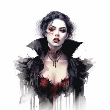 Highly detailed watercolour clipart of beautiful vampire, sharp pointed canines, dark aesthetic, pretty, vintage gothic clothing, majestic, depth of field, detailed character illustrations, multilayered realism UHD, 8K, 3D, solid white background