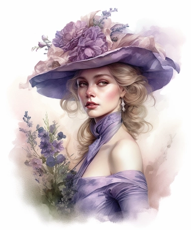 light watercolor masterpiece portrait of a beautiful and feminine woman in royal hat tailed with ribbons, decorated with lavender and leaves and jewelry, lace and chiffon, a lot of lavender in style of Pierre-Joseph Redoute , provence, masterpiece by Vladimir Kush style and by Nicholas Hely Hutchinson style and by Andrew Wyeth style, rococo fashion, PNG clipart, isolated on white, extreme photorealistic details, 32k HD resolution, realistic high detailization high resolution