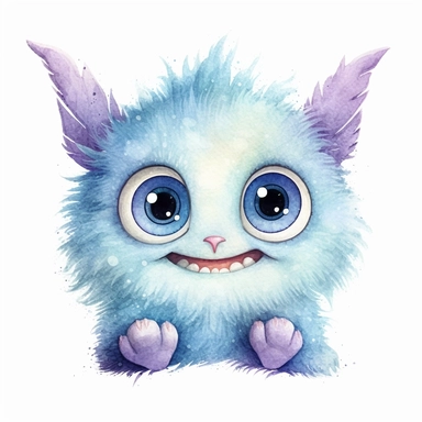 watercolour illustration, cute baby monster, big eyes, smiling, pastel, pale blue, aquarrellist, clipart, isolated, white background,