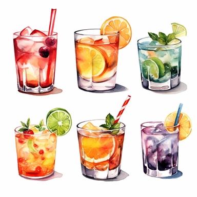Alcohol cocktail collection. Watercolor illustration. Drinks clipart set on white background