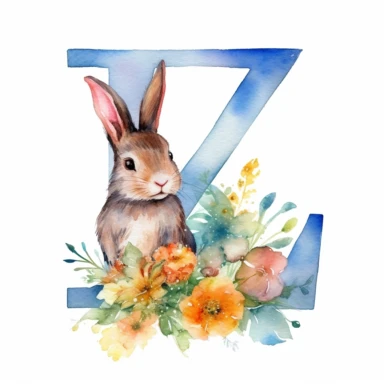 a beautiful one of the kind watercolor clipart featuring a letter Z with a cute bunny, in the style of delicate watercolors, wallpaper, 32k uhd, hand-painted details, oshare kei, wimmelbilder, joyful celebration of nature, close up, isolated on white plain background