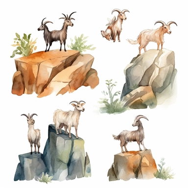 Watercolor wild goats climbing rocks in mountain , illustrations clipart set, simple , cartoon elements, rocks, bushes , different variants , , separate elements with a margin