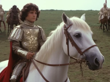 vhs clip of 1981 movie the grail, arthur as a young squire is walking next to a white horse, medieval clothing, organic movement, in the style of home video