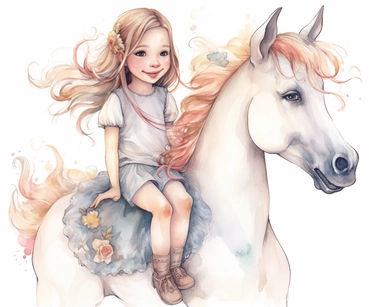 liitle cute girl riding a white unicorn, fantasy, fairy tale clipart, nursery clipart, cute and emotional, smiling, watercolor clipart, hd, realistic, intricate details, isolated on white background, spaced out