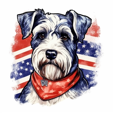 watercolor clipart illustration of a patriotic schnauzer wearing a bandana, red white and blue, hand painted details, clean and simple designs, solid background color, spaced out