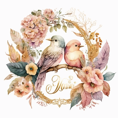 highly detailed and intricate watercolor boho wedding love birds surrounded by flowers clipart, pink and gold soft hues, white background