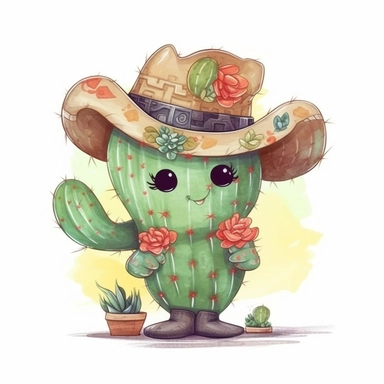 a cute cactus with a sombrero and a mustache, heart, watercolor clipart design, super cute, isolated white background, high quality, 2d, vector, flat