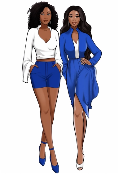 vector illustration of full body detailed melanin beautiful sorority girls with brown eyes wearing true royal blue and bright white with white background.. no watermark! vector clipart, character drawn with thick black lines like for a coloring book! with no watermarks