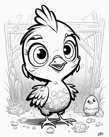 cute chick in barn with hay for children’s coloring book, cartoon style, thick lines, no shading assasinmonkey, duplicate faces, blurry, drawing, cartoon, illustration, painting, concept art, cgi, unreal, anime, black&white, b&w, picture frame, deformed, bad anatomy, disfigured, poorly drawn face, mutation, mutated, extra limb, poorly drawn hands, done by bad-artist, ugly, dazed, 3D render, 3D game, 3D game scene, 3D character, mosaic, painting, digital art, anime, doll, toy, photoshop, video ga