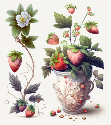 watercolor strawberry plant screenshot,clipart, super detailed, in the style of watercolor illustrations, intricate patterns and details, ceramic white and dusky pink on solid white background , no shadow, oil paintings, nightcore, decorative artistry, on white background, spaced out