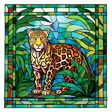 Rectangular stained glass window design, square corners 90 degrees, no background, view from solarium in the atrium, leopard in the rainforest, very detailed, clipart, clear crisp colors, photorealistic, oil paint, happy, beautiful, bright colors, cute, ultra-detailed, on a white background - - no cropping