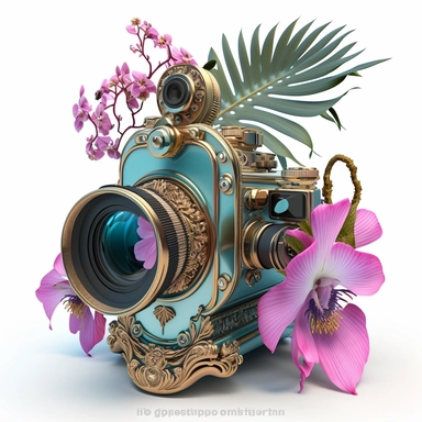 clipart of an antique 1 long lens only professional photo camera, surrounded by an intricate arrangement of dramatic extravagant digital 3D pink orchids, blue duck palm leaves, in the style of large-scale photography, lush detailing, cartoon style, playfu