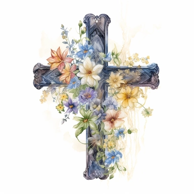 Watercolor sketch of floral cross, natural single design, highlydetailed, clipart style, white background, 8k