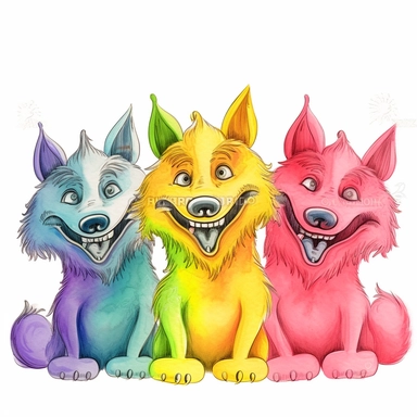 funny happy pink, yellow, blue, orange, and green three wolf with ideal eyes, face, legs, after pinnata party, hight detailed faces, cartoon style, white background, black outside lines, designs, white background, watercolor pencil drawing, small details, digital art, clipart, super acurate, –testp, pixar,