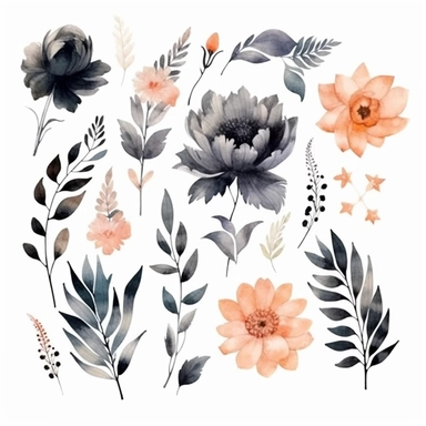 watercolor, handpainted black boho floral clipart, transparent background, spaced out--ar 3:2