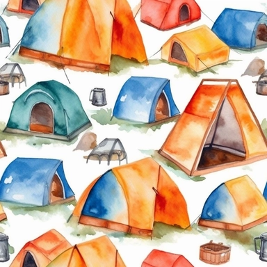 Seamless pattern, Watercolor detailed clipart, camping tent