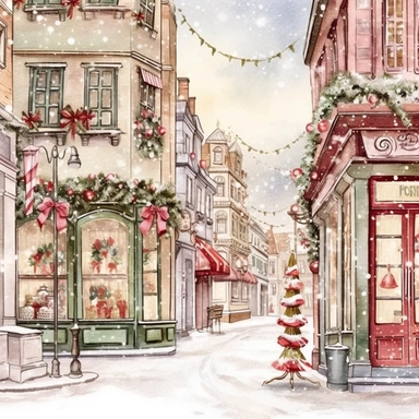 Christmas street, Ornamental watercolor, clipart, I can't believe how beautiful this is , style by Lucy Fleming, watercolor, smooth gradients, black contour outline, ultra detailed, clipart elements, delicate pastel colors, solid white background, super clear, high quality