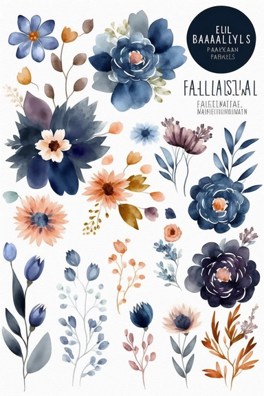 watercolor pastel flowers 2d clipart, floral clipart watercolor illustration, on white background, high res, in dark blue, cobalt blue and duck egg colors with dusty pale terracota color accents, copy space between single flowers,