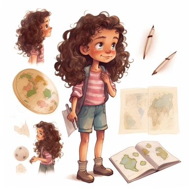 Little girl exploring, character sheet, illustration for book, children's book, multiple positions,five years old, curly hair, dark brown hair, long hair,Watercolor Clipart, strybk, full Illustration, 4k, sharp focus, watercolor, smooth soft skin, symmetrical, soft lighting, detailed face, concept art, watercolor style, strybk, children's style fairy tales, chibi kawaii, . Octane rendering, 3d. Perfect face, detailed face, delicate face, perfect sharp lips, detailed eyes. Craig Davison, Aubrey B